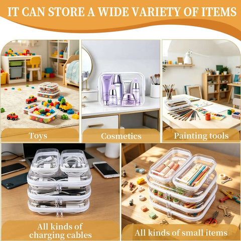 Solid 5 Pack Clear Hard Shell Zipper Cases Stackable Storage Pouches with cosmetics and painting tools on desk.