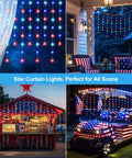 Hanging Star Curtain Lights For Window With 70 Star String Lights USB Plug In 8 Modes Twinkle Fairy Lights Lit Red White Blue Holiday Decor For Independence Day Memorial Day Fourth Of July 10ft By 2.6ft