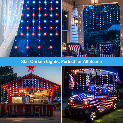 Hanging Star Curtain Lights For Window With 70 Star String Lights USB Plug In 8 Modes Twinkle Fairy Lights Lit Red White Blue Holiday Decor For Independence Day Memorial Day Fourth Of July 10ft By 2.6ft