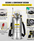 2-Gallon Stainless Steel Hand Pump Sprayer With 20-Inch Wand And 3-Foot Reinforced Hose showing pressure gauge and safety valve