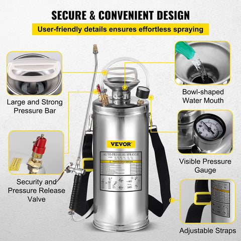 2-Gallon Stainless Steel Hand Pump Sprayer With 20-Inch Wand And 3-Foot Reinforced Hose showing pressure gauge and safety valve