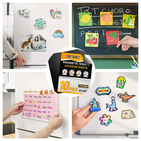 8 By 10 Inch Magnetic Sheets With Adhesive Backing 10 Pack Cuttable Magnetic Sheets For Crafts Photos And DIY Stickers Strong Hold On Metal Surfaces Today displayed with various uses on fridges and boards.