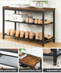 Industrial Three Tier Shoe Bench Organizer With Mesh Shelves In Rustic Brown Finish 29.5 Inches Entryway Storage Seat