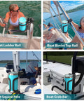Rail Mount Cup Holder for Boats with 360 Degree Rotating Elastic Grip attached to various boat rails, holding a cup