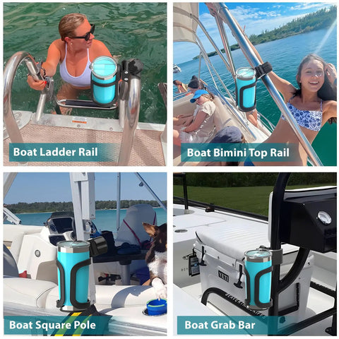 Rail Mount Cup Holder for Boats with 360 Degree Rotating Elastic Grip attached to various boat rails, holding a cup