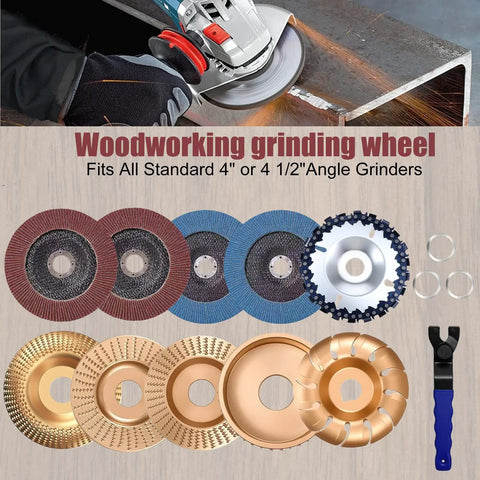 14 Piece Wood Carving Disc Set For 4 Inch Or 4 And A Half Inch Angle Grinders Includes Chainsaw Disc 12 Tooth Shaping Disc 60 And 80 Grit Flap Wheels Five Eighth Inch Adapters Universal Wrench For Cutting Grinding Shaping And Sanding