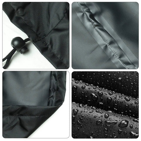 Close-up of black fabric and drawstring detail on Outdoor Round Table Cover Black 48 Inch Diameter Waterproof And UV Resistant With Drawstring Tie Built To Last Protects Patio Tables From Sun And Rain Fits Folding Display Or Banquet Tables Anti Fading Weatherproof