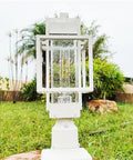 Dusk To Dawn Outdoor Post Light With Pier Mount Base, White Weatherproof Lantern For Yard, Auto On Off Sensor, in garden