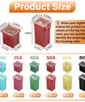 36 Piece Automotive Fuse Assortment Kit With Tall Standard And Low Profile Box Fuses In 20A To 80A Ratings, size and color coding details.