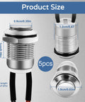 12mm Momentary Push Button Switch 5 Pack Stainless Steel Aluminum Alloy Waterproof IP66 IK09 Built To Last In Rugged Environments 2A At 12 And 24V DC And 1A At 250V AC. 5pcs size diagram with 20cm wires