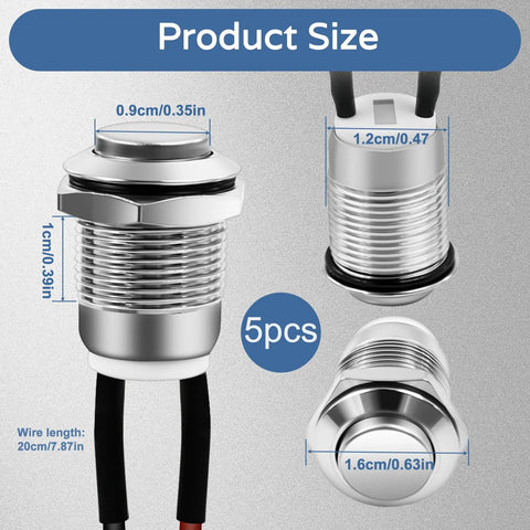 12mm Momentary Push Button Switch 5 Pack Stainless Steel Aluminum Alloy Waterproof IP66 IK09 Built To Last In Rugged Environments 2A At 12 And 24V DC And 1A At 250V AC. 5pcs size diagram with 20cm wires