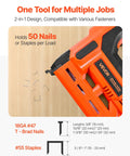 Real Deal Power Tool For Weekend Warriors Knocking Out Home Builds This Cordless 2 In 1 Brad Nailer And Staple Gun holding 50 fasteners on wood.