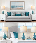 Cool Blue Ice Crackle Glass Table Lamps Set Of 2 22.5 Inch LED Lights With Touch Control And 3 Way Dimming White Fabric Shade