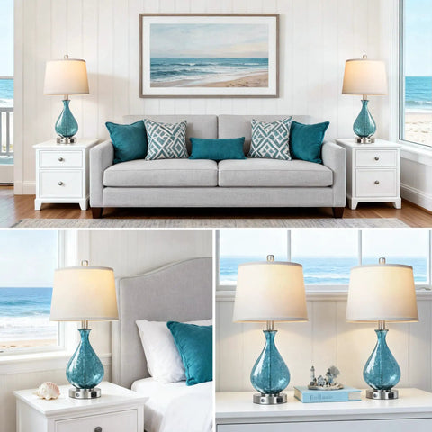 Cool Blue Ice Crackle Glass Table Lamps Set Of 2 22.5 Inch LED Lights With Touch Control And 3 Way Dimming White Fabric Shade