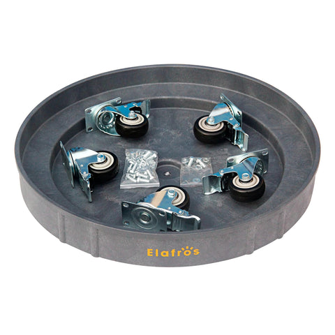 Heavy-Duty Plastic Drum Dolly for 30 and 55 Gallon Drums, 900 lb Capacity, showing swivel casters and included hardware, grey.