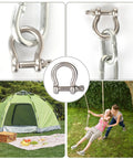 Heavy Duty 1/4 Inch Stainless Steel Screw Pin Bow Shackle Set Twenty Pieces Knockout Marine Anchor Clevis Hardware For Towing Rigging And Boat Squad Built Tough Real Deal Quality shown with chain and tent.