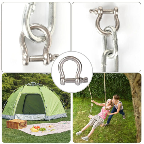 Heavy Duty 1/4 Inch Stainless Steel Screw Pin Bow Shackle Set Twenty Pieces Knockout Marine Anchor Clevis Hardware For Towing Rigging And Boat Squad Built Tough Real Deal Quality shown with chain and tent.