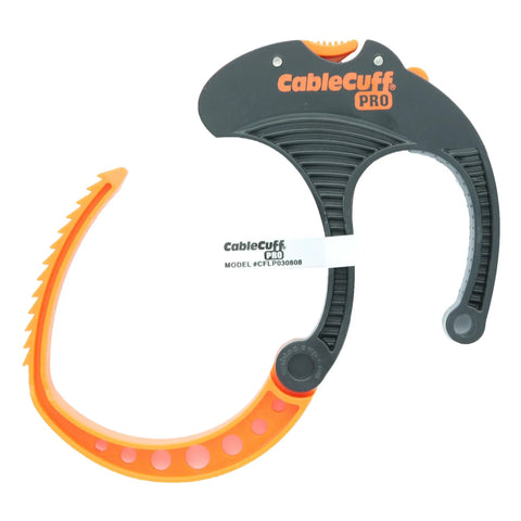 Adjustable Cable Cuff Pro in orange and black with push button, open view showing notched teeth detail for securing cables.