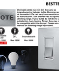 Matte Silver Dimmer Switch Kit, 10 Pack, Single Pole Or 3 Way, Dimmable LED CFL Incandescent And Halogen Ready, LED Slide Dimmer Wall Switch, 120VAC, UL Listed, Easy Install And Smooth Dimming, shown with LED, CFL, and incandescent bulb icons and a dimmer note.