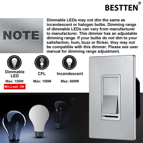 Matte Silver Dimmer Switch Kit, 10 Pack, Single Pole Or 3 Way, Dimmable LED CFL Incandescent And Halogen Ready, LED Slide Dimmer Wall Switch, 120VAC, UL Listed, Easy Install And Smooth Dimming, shown with LED, CFL, and incandescent bulb icons and a dimmer note.