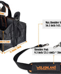 Heavy Duty 19 Pocket Tool Tote For HVAC Technicians And Electricians, Rugged Organizer Bag With dimensions and shoulder strap