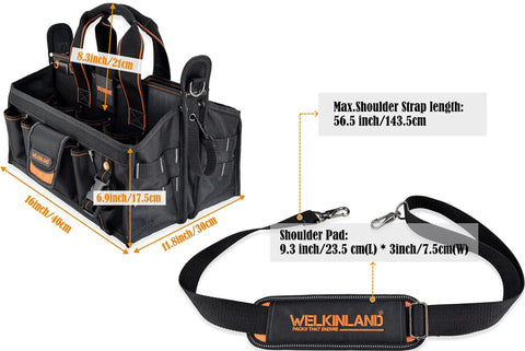 Heavy Duty 19 Pocket Tool Tote For HVAC Technicians And Electricians, Rugged Organizer Bag With dimensions and shoulder strap