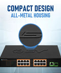 High Power PoE Plus 16 Port Switch With 120W Budget, 1 Gigabit Uplink And 1 SFP Uplink, rackmount design, front view