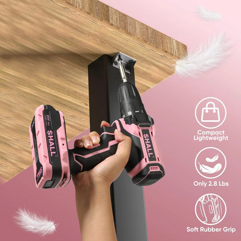 Person using Pink Cordless Drill Driver 20V Kit With 2.0Ah Battery And Fast Charger For Women to assemble a shelf