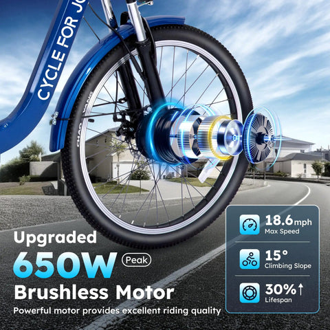 Three Wheel Electric Tricycle For Adults And Seniors With Dual Parking Brakes And Dual Disc Brakes, All Weather Safe Trike With Stable Frame And Comfortable Seat, No Fuss Easy Step Through Design For Quick Mount And Confident Rides, blue front wheel with 650W brushless motor