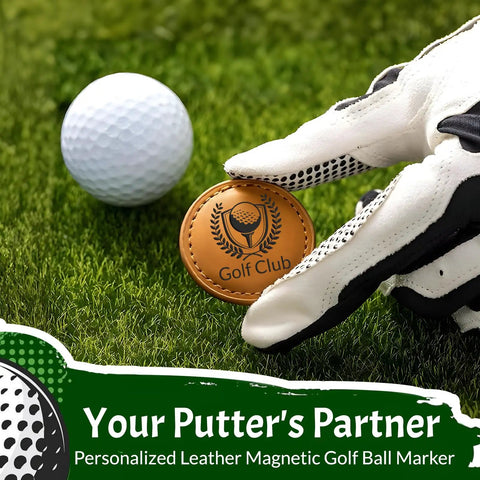Custom Golf Ball Markers With Logo Text Laser Engraving Magnetic Leather Marker Set on grass with gloved hand