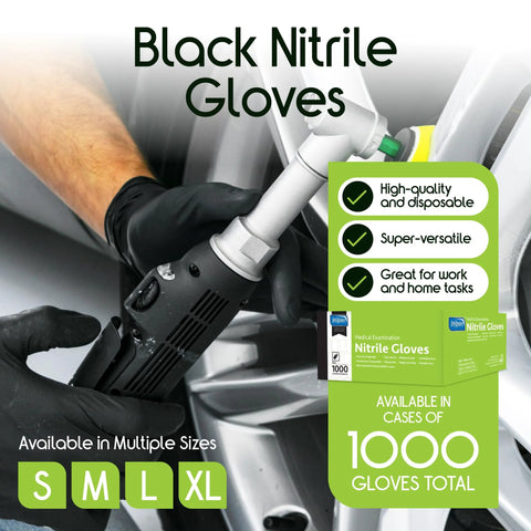 Inspire black nitrile gloves; disposable latex-free, worn on hands gripping a tool; sizes S–XL