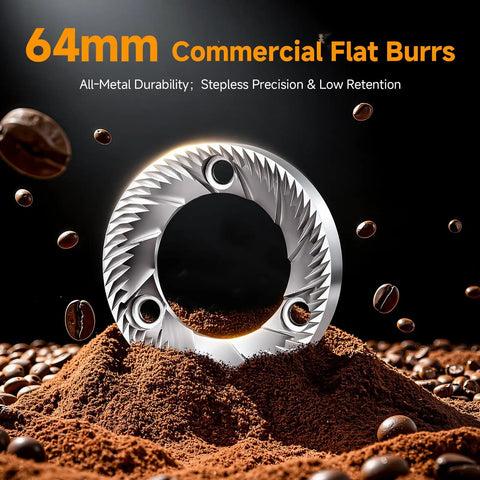 64mm Commercial Grade Flat Burrs showcasing the all-metal design, ideal for precise coffee grinding with low retention.