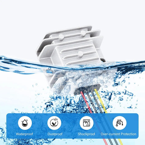 Waterproof 12V 24V to 6V buck converter 60W 10A max output submerged in water with aluminum case and colorful wires