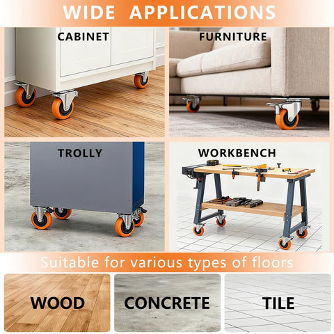heavy duty caster wheels with brakes for furniture and workbenches on wood, concrete, and tile floors