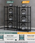 Four Tier Foldable Storage Shelves On Wheels With No Assembly, Pre Assembled Organizer Rack For Garage, Kitchen, Basement And Pantry, Ideal For Craft Fairs And Vendor Events, Black with 240 lbs rolling use and 600 lbs static load