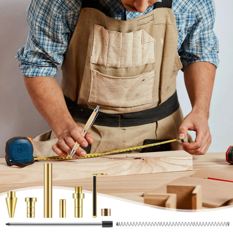 Sick 6 Piece Retractable Pen Kit Bundle Sweet Deal For Wood Turning Lathes Includes 8 MM Slimline Insert Kits With Smooth Click Refills Totally Rad DIY Maker Gift Idea, featuring pens and tools on a workbench.