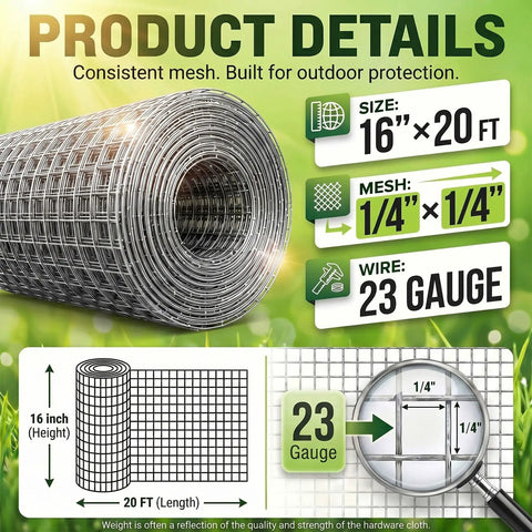 16 Inches Wide By 20 Feet Long Hardware Cloth Heavy Duty One Quarter Inch Mesh 23 Gauge Hot Dip Galvanized After Welding