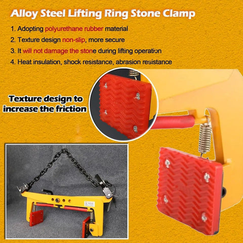 Heavy Duty Granite Slab Lifting Clamp With Wide Jaw Stone Carrier showing textured rubber grips for secure lifting and tension support.