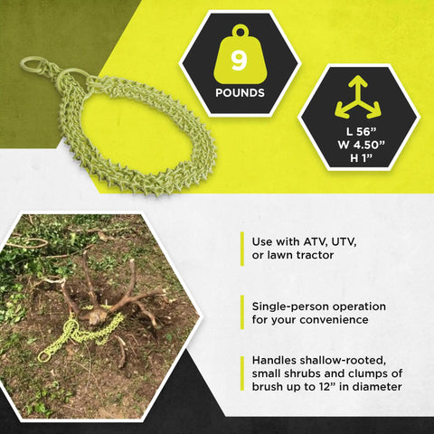 Heavy Duty Triple Chain Shrub And Clump Remover Tool With Four Foot Pulling System for ATV, UTV, or lawn tractor use and specs.