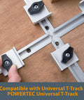Bi-Directional Short Stop Kit For T Track Woodworking shown with wing knobs and T-bolts on T-Track table