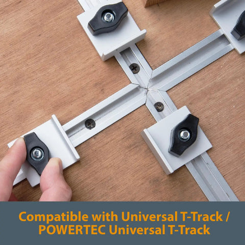 Bi-Directional Short Stop Kit For T Track Woodworking shown with wing knobs and T-bolts on T-Track table