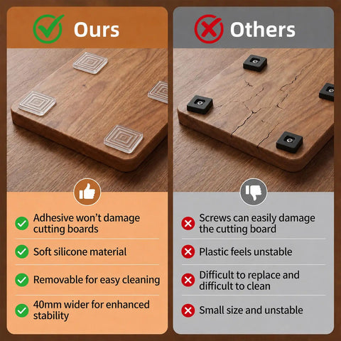 Comparison of non slip cutting board feet: adhesive silicone vs screw-on plastic, showing stability and ease for slicing prep.