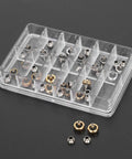 Pro Grade Watch Crown Kit with copper and stainless steel crowns in 12-slot box, gold silver set, sizes 5.3mm, 6.0mm, 7.0mm for repair