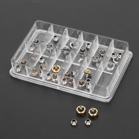 Pro Grade Watch Crown Kit with copper and stainless steel crowns in 12-slot box, gold silver set, sizes 5.3mm, 6.0mm, 7.0mm for repair