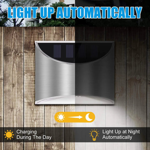 Top Notch Solar Step Lights For Outdoor Fence Deck And Stair Paths Cold White Led Post Lamps with solar panel on silver housing.