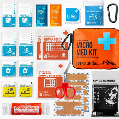 UltraLight Mini First Aid Kit Three Pack For Hiking Camping And Travel, showing contents like bandages and scissors, with carabiner.