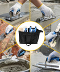 10 Piece Concrete Trowel Tool Set For Masonry Pro Grade Hand Tool Kit Includes Finishing Trowel Pool Trowel Wood Float Gauging Trowel Concrete Edger Groover Wire Twister Gloves And Heavy Duty Tool Bag with various trowels in use and tool bag display.
