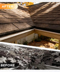 Before and after of leaves removed from gutter using 13 Foot Gutter Cleaning Tool From The Ground With 3 In 1 Gutter Cleaner.