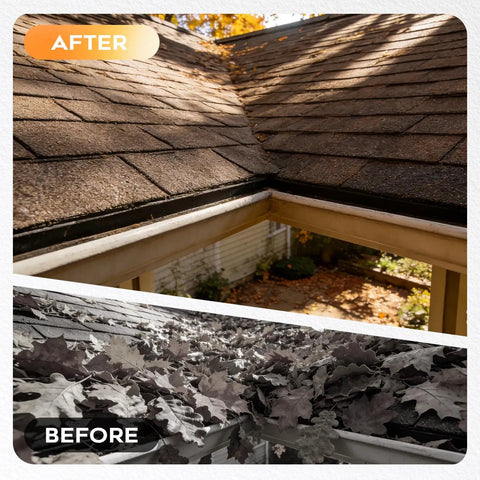 Before and after of leaves removed from gutter using 13 Foot Gutter Cleaning Tool From The Ground With 3 In 1 Gutter Cleaner.