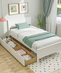 Solid Wood Twin Platform Bed With Two Smooth Rolling Storage Drawers And A Clean White Headboard, Boss Level Support For Kids And Adults, Straight Up No Box Spring Necessary in a cozy room setting.